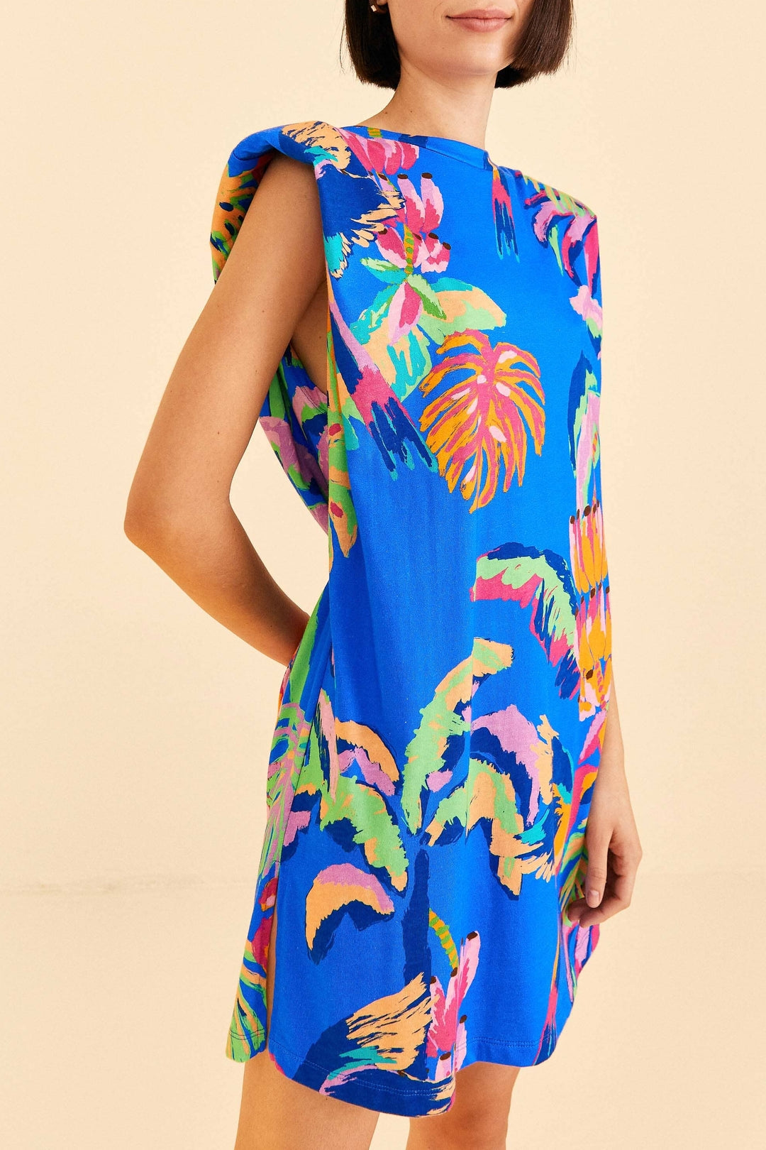 Robe courte Painted Jungle façon t-shirt en coton - Bleu