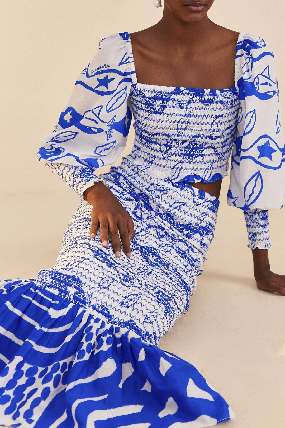 Blouse Smocked Pitta Waves - Blanc