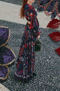 Robe longue à découpes Tropical Shine en denim foncé - Rouge