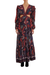 Robe longue à découpes Tropical Shine en denim foncé - Rouge