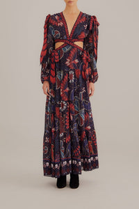 Robe longue à découpes Tropical Shine en denim foncé - Rouge