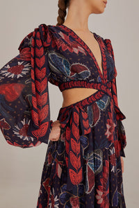 Robe longue à découpes Tropical Shine en denim foncé - Rouge