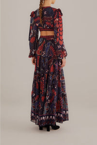 Robe longue à découpes Tropical Shine en denim foncé - Rouge