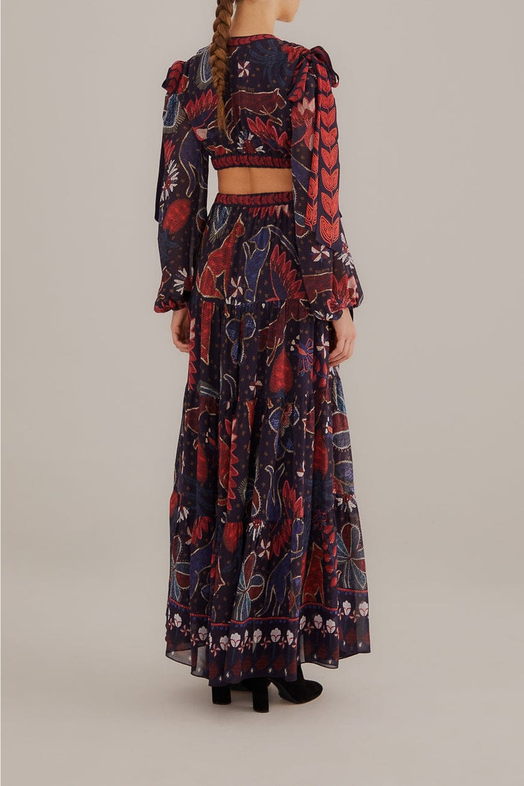 Robe longue à découpes Tropical Shine en denim foncé - Rouge