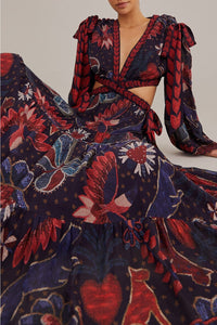 Robe longue à découpes Tropical Shine en denim foncé - Rouge