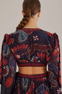 Robe longue à découpes Tropical Shine en denim foncé - Rouge