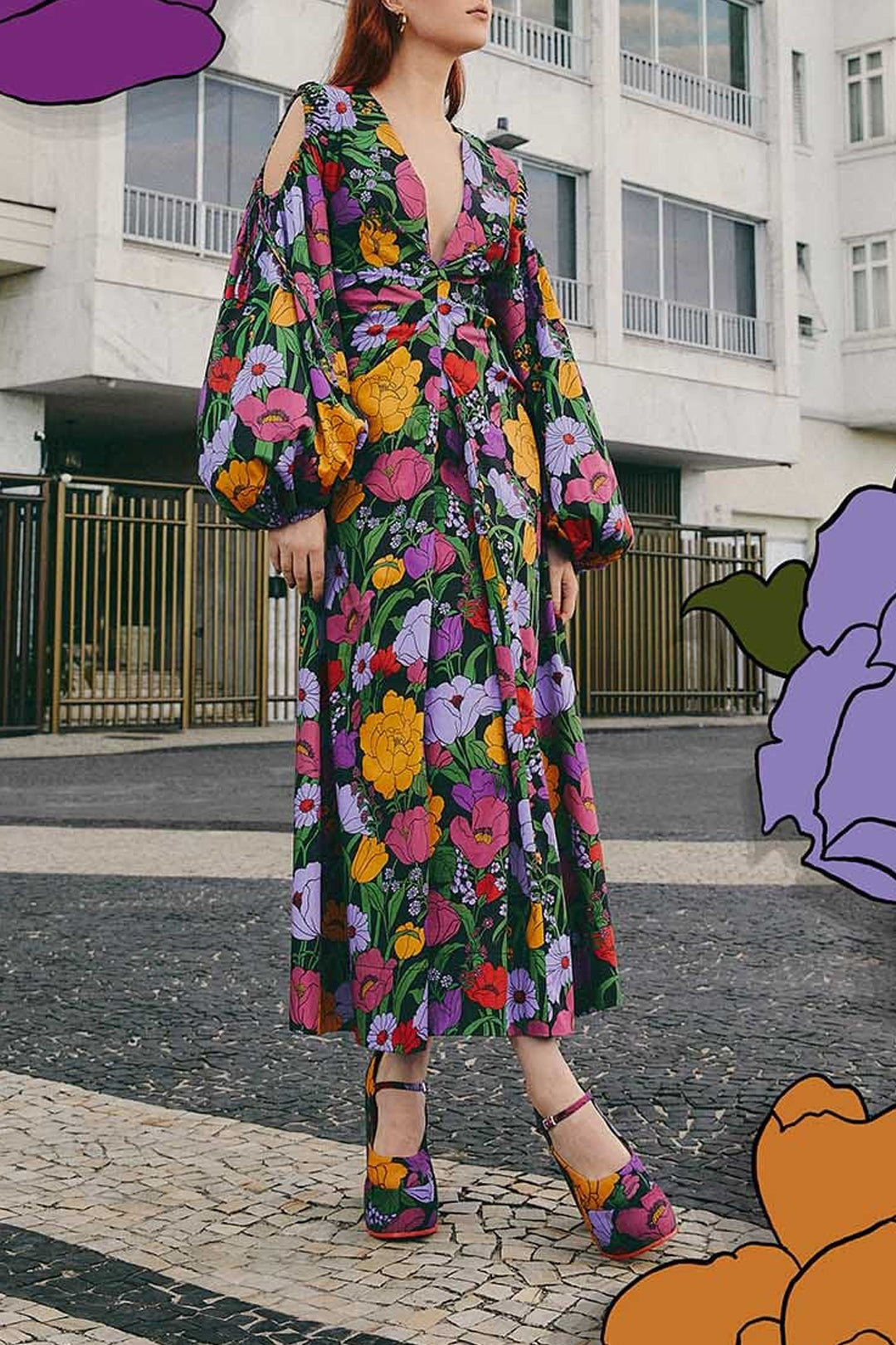 Robe midi Bucolic Garden à découpes en coton - Violet