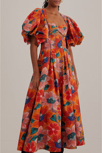 Robe midi à manches bouffantes - Orange