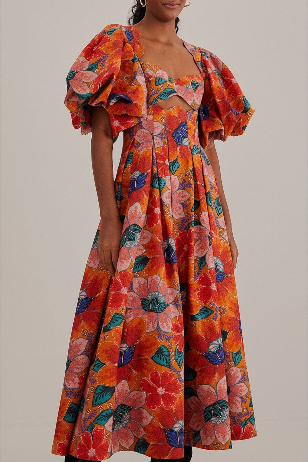Robe midi à manches bouffantes - Orange