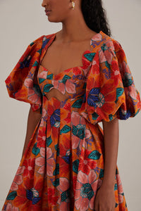 Robe midi à manches bouffantes - Orange