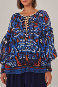 Blouse col V à nouer - Bleu