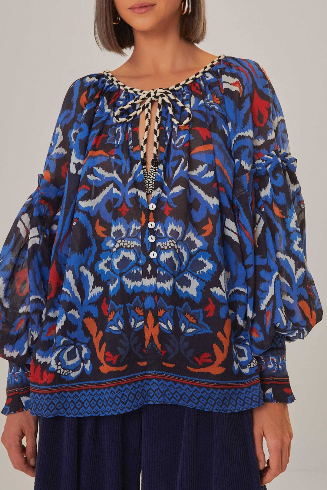 Blouse col V à nouer - Bleu