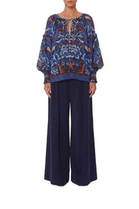 Blouse col V à nouer - Bleu
