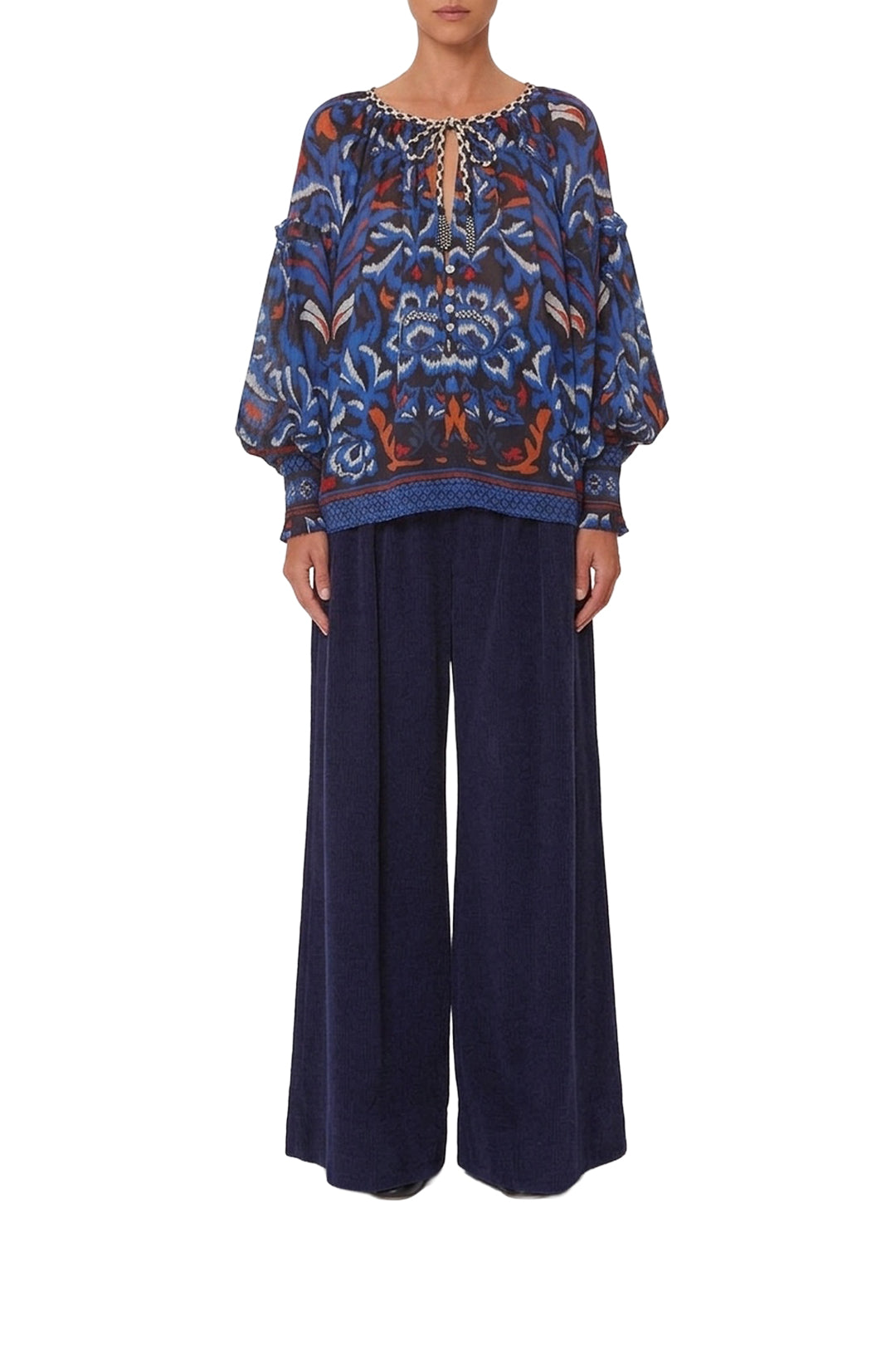 Blouse col V à nouer - Bleu