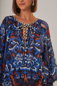 Blouse col V à nouer - Bleu