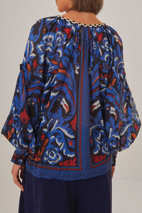 Blouse col V à nouer - Bleu
