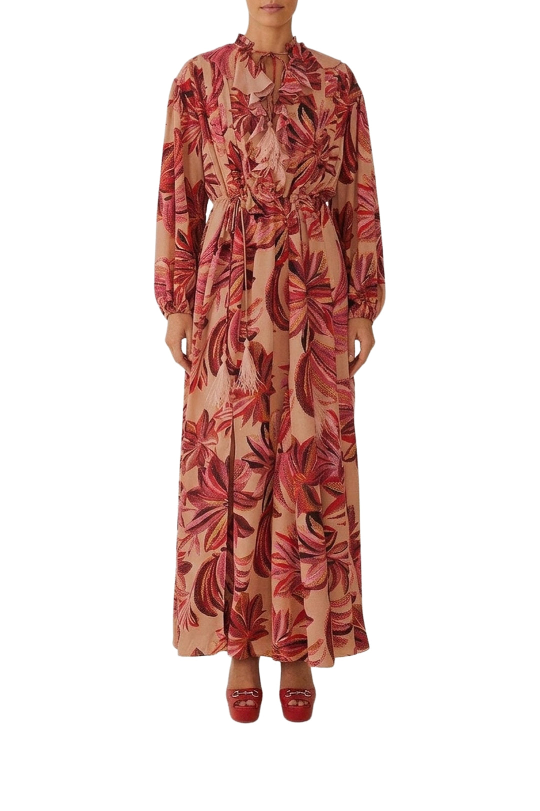 Robe longue à encolure en V et motif floral - Rose