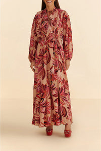 Robe longue à encolure en V et motif floral - Rose