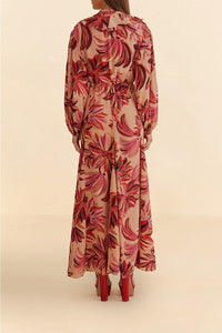 Robe longue à encolure en V et motif floral - Rose
