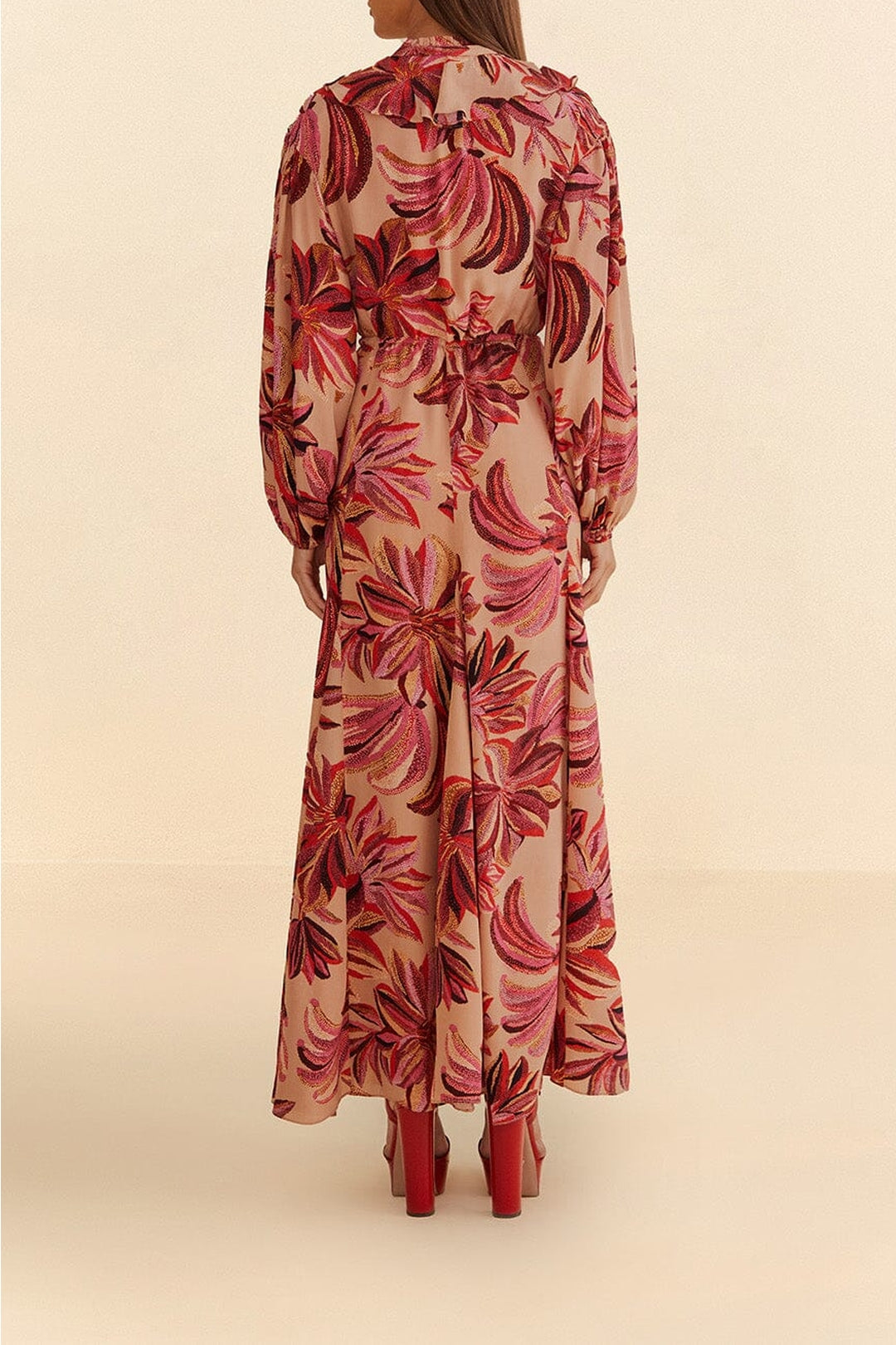Robe longue à encolure en V et motif floral - Rose