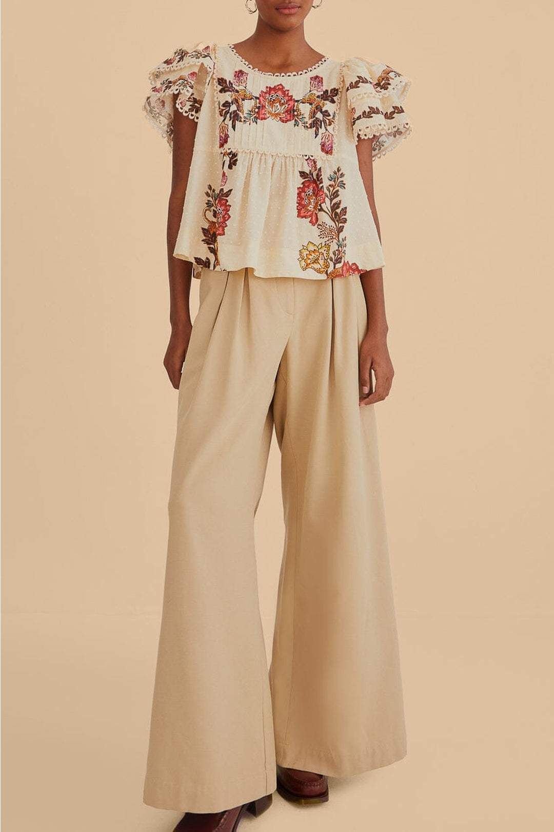 High-waisted cotton trousers - Beige