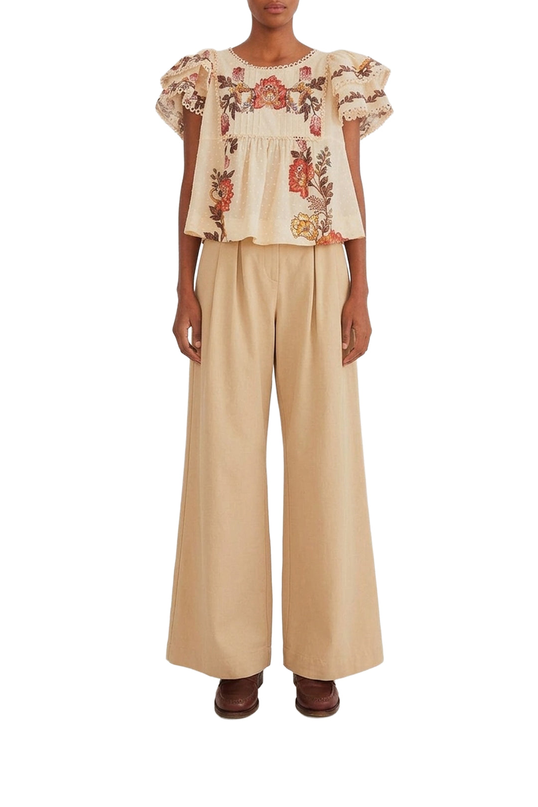High-waisted cotton trousers - Beige