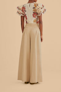 High-waisted cotton trousers - Beige