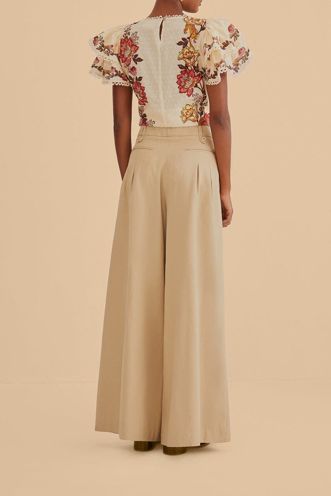 High-waisted cotton trousers - Beige