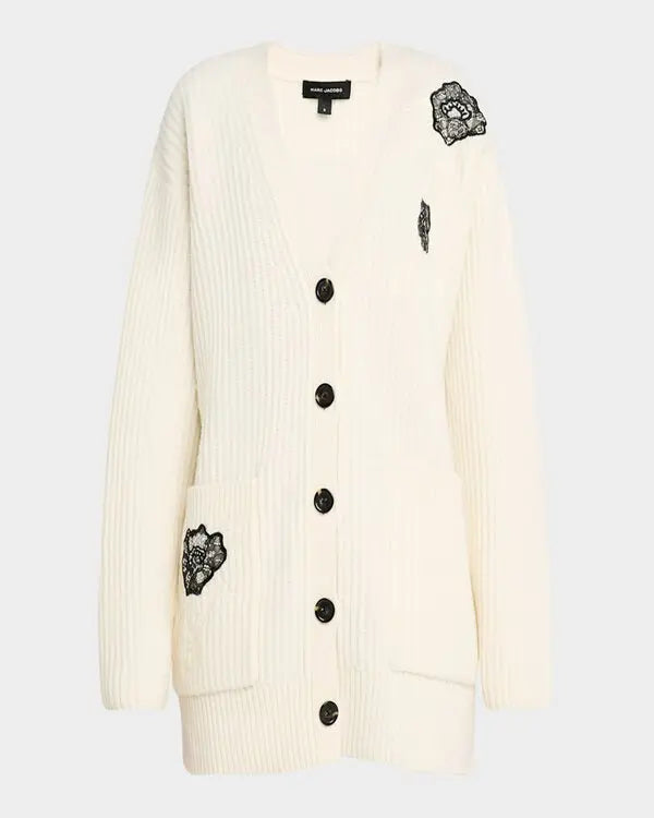 Cardigan avec appliques en dentelle en laine - Porcelain