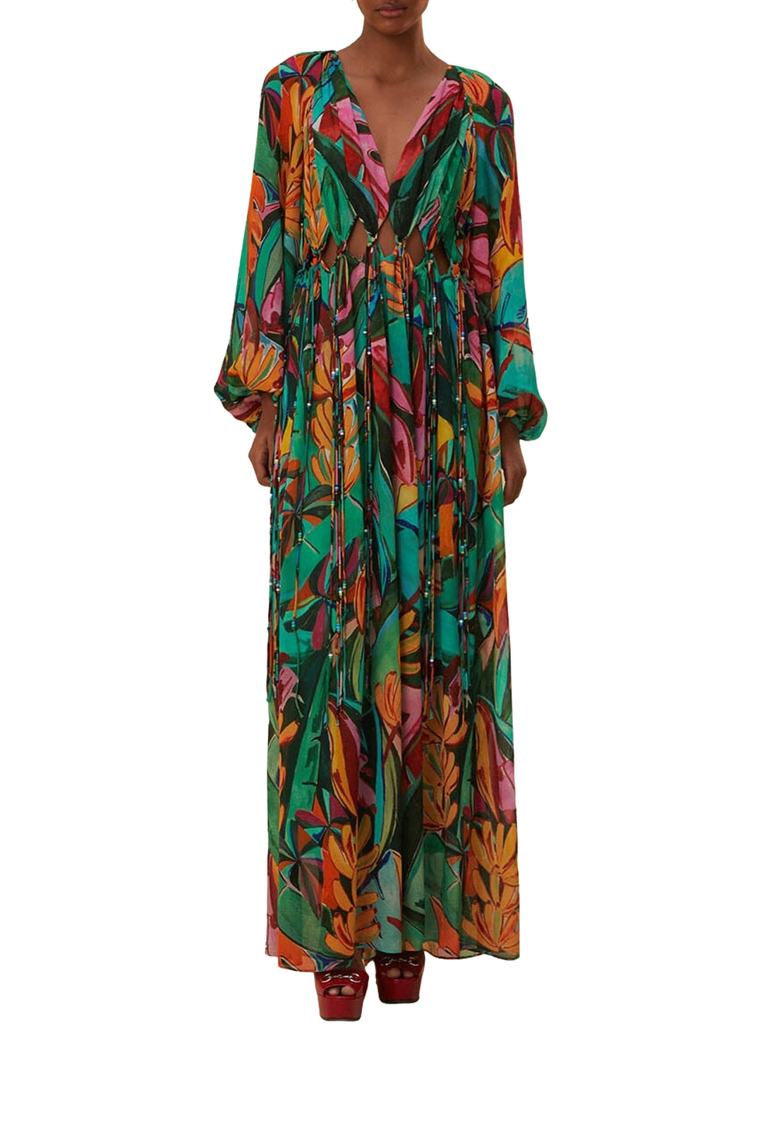 Robe longue à col v - Multicolore