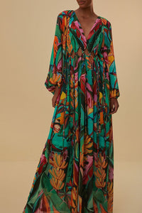 Robe longue à col v - Multicolore