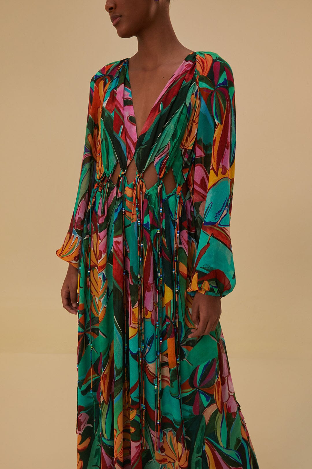 Robe longue à col v - Multicolore