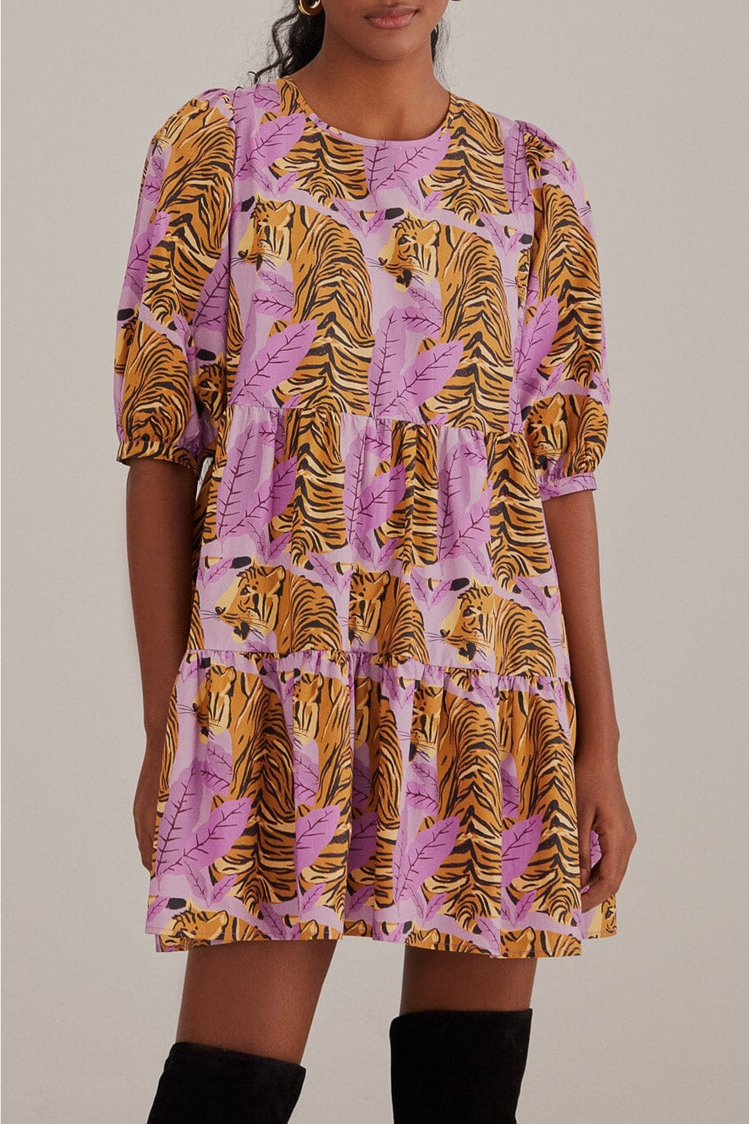 Robe courte à manches bouffantes en coton - Violet