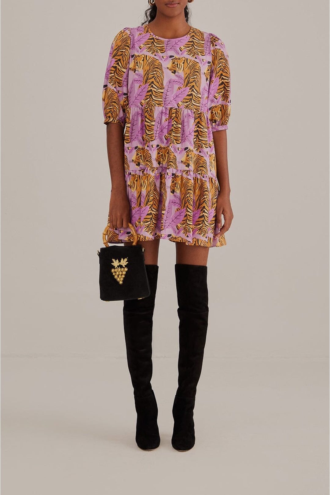 Robe courte à manches bouffantes en coton - Violet