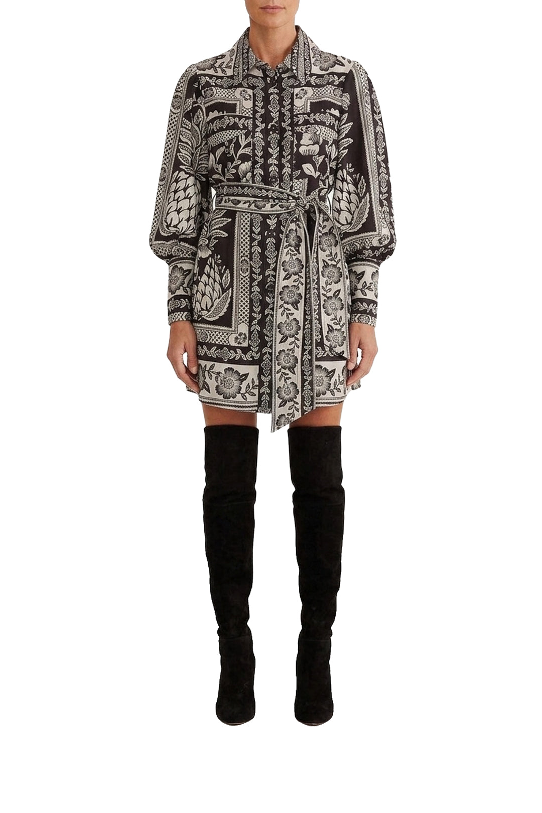 Robe courte chemise Pineapple Garden à manches longues - Noir