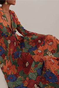 Robe longue col V à fleurs - Orange