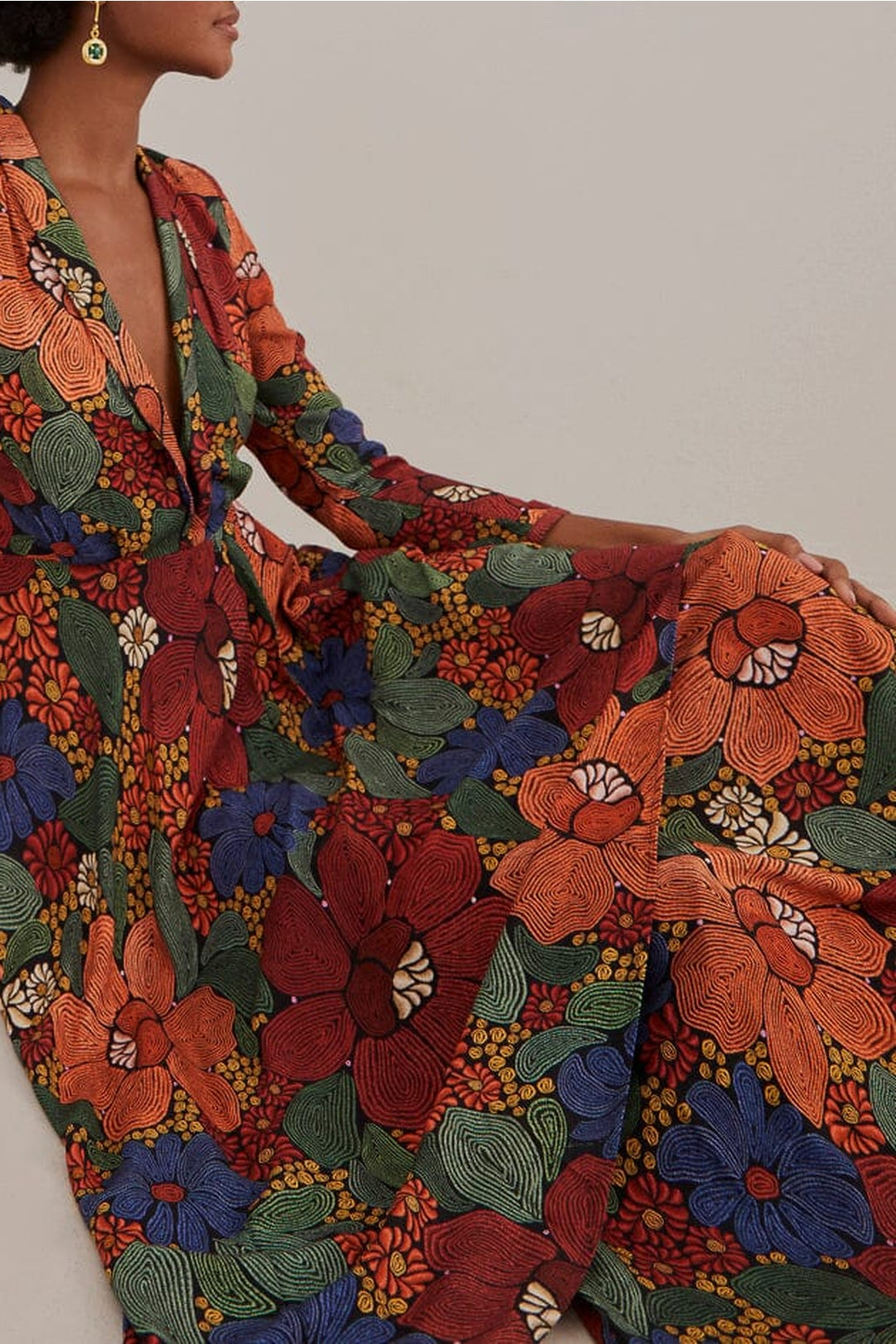 Robe longue col V à fleurs - Orange