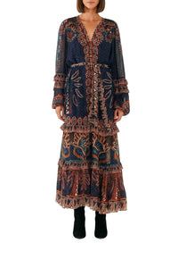 Robe longue à fente Ainika Tapestry - Bleu