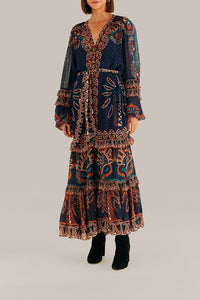 Robe longue à fente Ainika Tapestry - Bleu