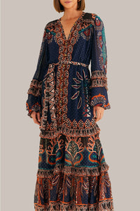 Robe longue à fente Ainika Tapestry - Bleu
