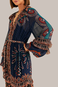 Robe longue à fente Ainika Tapestry - Bleu