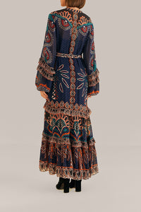 Robe longue à fente Ainika Tapestry - Bleu