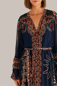 Robe longue à fente Ainika Tapestry - Bleu