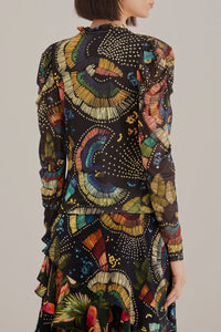 Blouse Tulle Colorful Birds - Noir