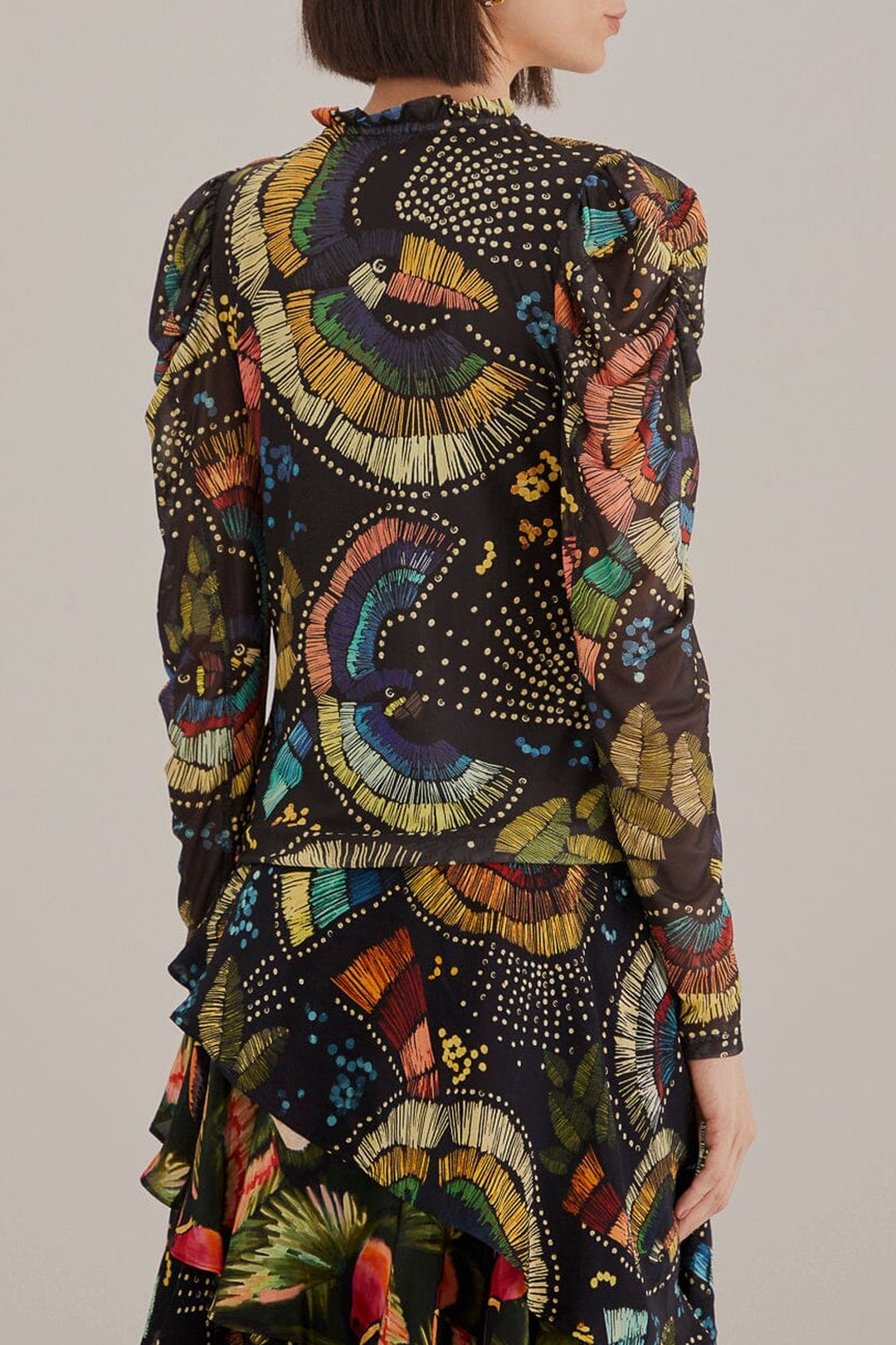 Blouse Tulle Colorful Birds - Noir