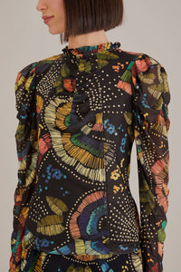 Blouse Tulle Colorful Birds - Noir