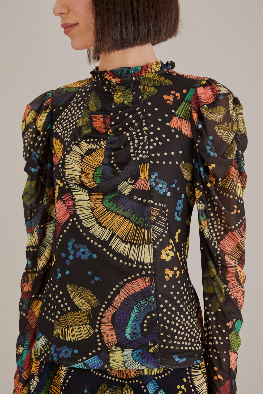 Blouse Tulle Colorful Birds - Noir