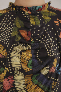 Blouse Tulle Colorful Birds - Noir