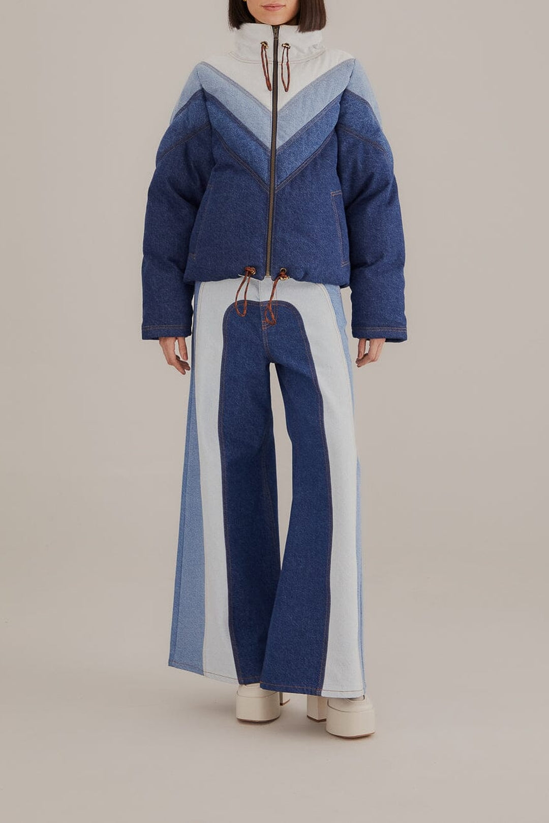 Pantalon large en denim patchwork - Bleu