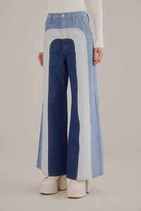 Pantalon large en denim patchwork - Bleu